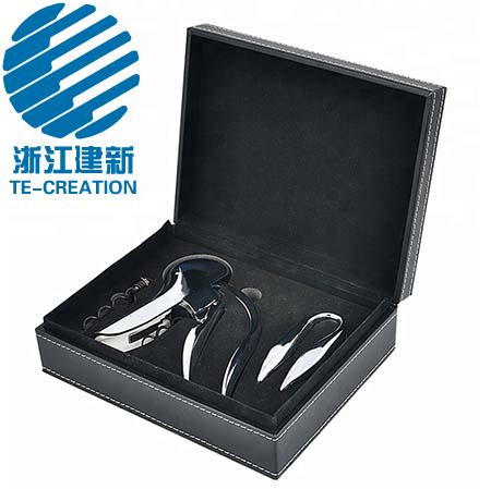 TC-B127  Deluxe Corkscrew set , Leather (PU) box with 3-pcs wine accessories