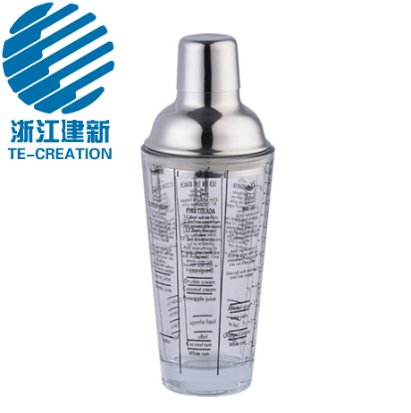 TCO-40P     400ML Stainless Steel and glass cocktail shaker with cocktail recipes printing
